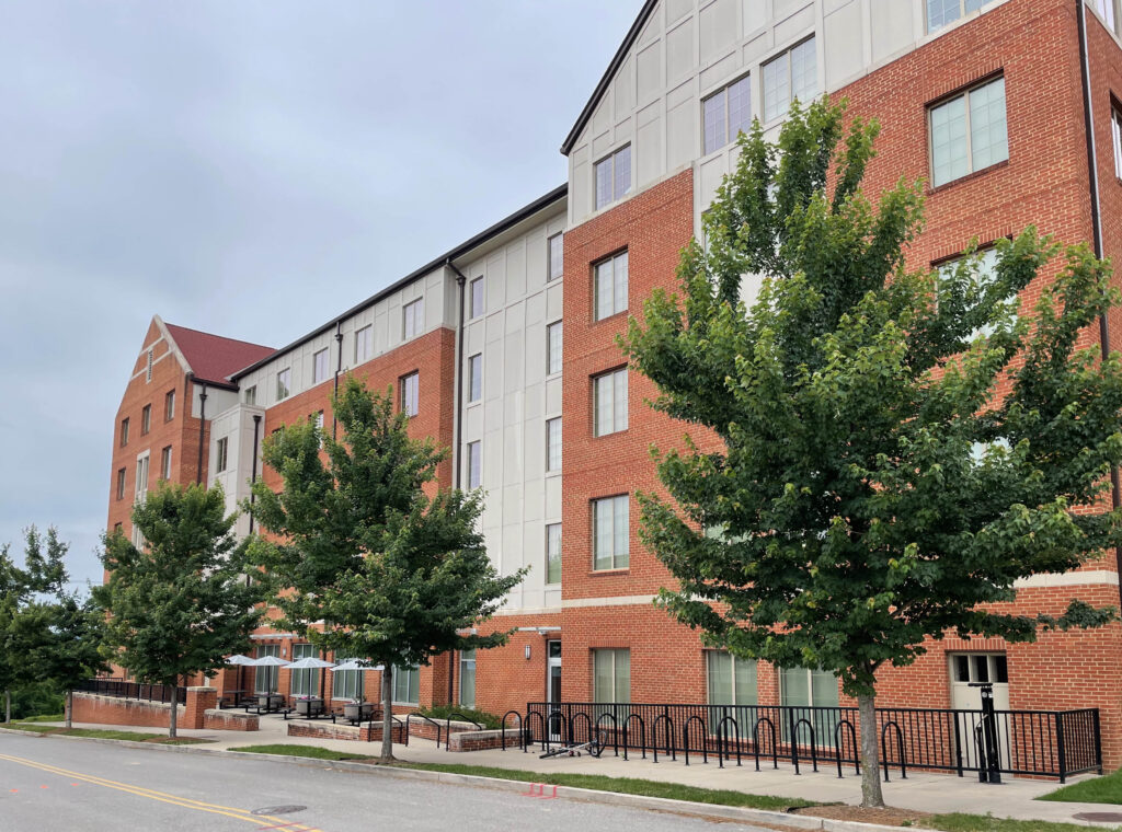 UT – West Campus – Orange and White Halls – Knoxville, TN – BTL – After Photo Built to Last Red Maple trees outside of a hall at UT's West Campus in Knoxville, TN